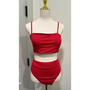 2 Piece Ribbed‎ Bandeau Swimsuit High Waisted Bating Suit Red XL